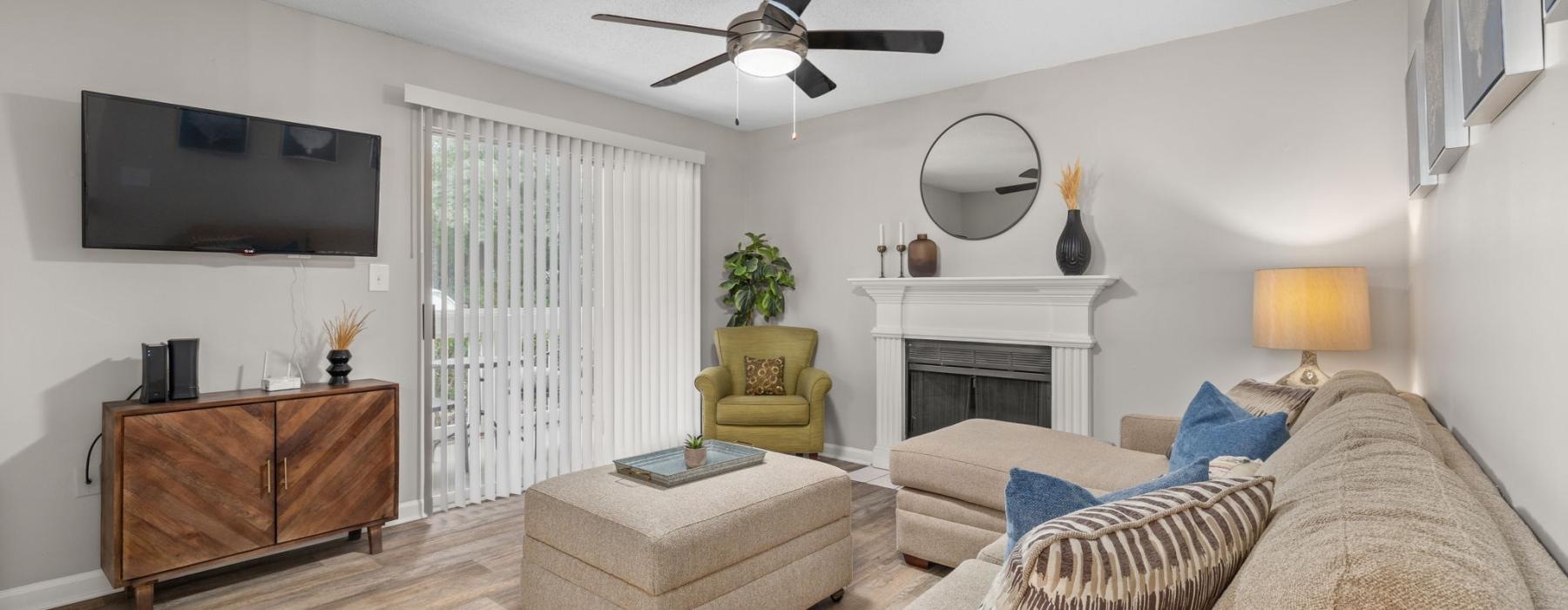 a living room with a fireplace